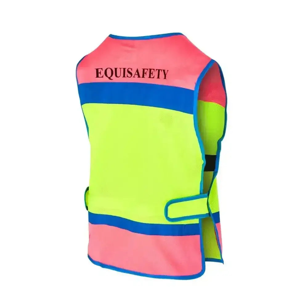Back view of equisafety multi colour waistcoat in bright neon yellow pink with blue trim made from mesh hi-vis fabric