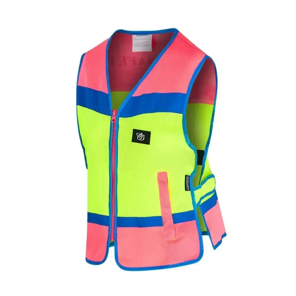 Bright neon yellow and pink equisafety multi colour waistcoat with blue trim made of highly breathable mesh hi-vis material
