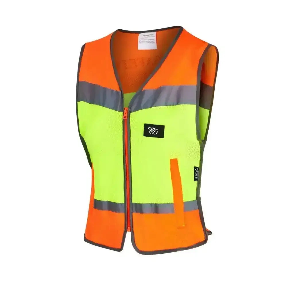 Equisafety hi viz multi colour waistcoats feature bright orange and lime green mesh hi vis waistcoat with reflective stripes