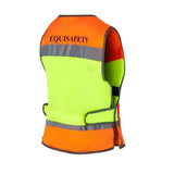 Bright orange and lime green equisafety multi colour waistcoats with reflective stripes and highly breathable mesh hi-vis material