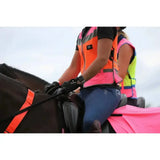 Bright orange and pink reflective equisafety hi viz multi colour waistcoat with black trim and breathable mesh hi-vis material