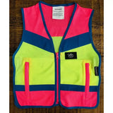 Bright pink and neon yellow equisafety hi viz multi colour waistcoat with navy trim front zipper and side pockets mesh hi vis waistcoat
