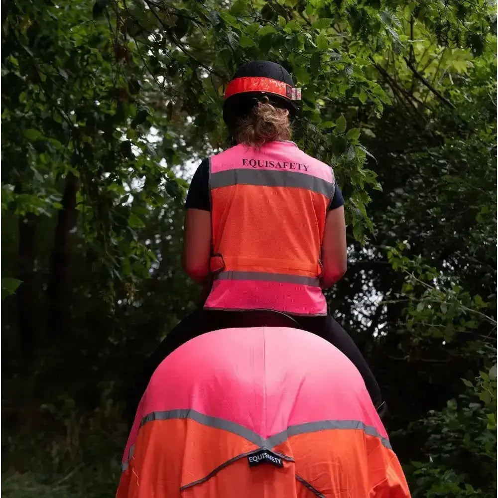 Bright pink and orange reflective horse riding mesh hi-vis waistcoat with gray safety stripes from equisafety multi colour waistcoats