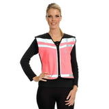 Pink reflective safety vest waistcoat plain air with white and silver stripes worn over a black long-sleeved top