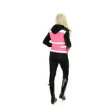 A vibrant pink and black reflective safety waistcoat plain air with white stripes worn over a matching hoodie
