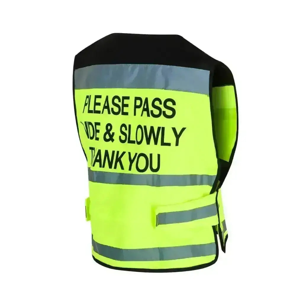 Equisafety hi viz waistcoat in neon yellow with black trim and reflective stripes featuring please pass wide and slowly text on back for air jackets