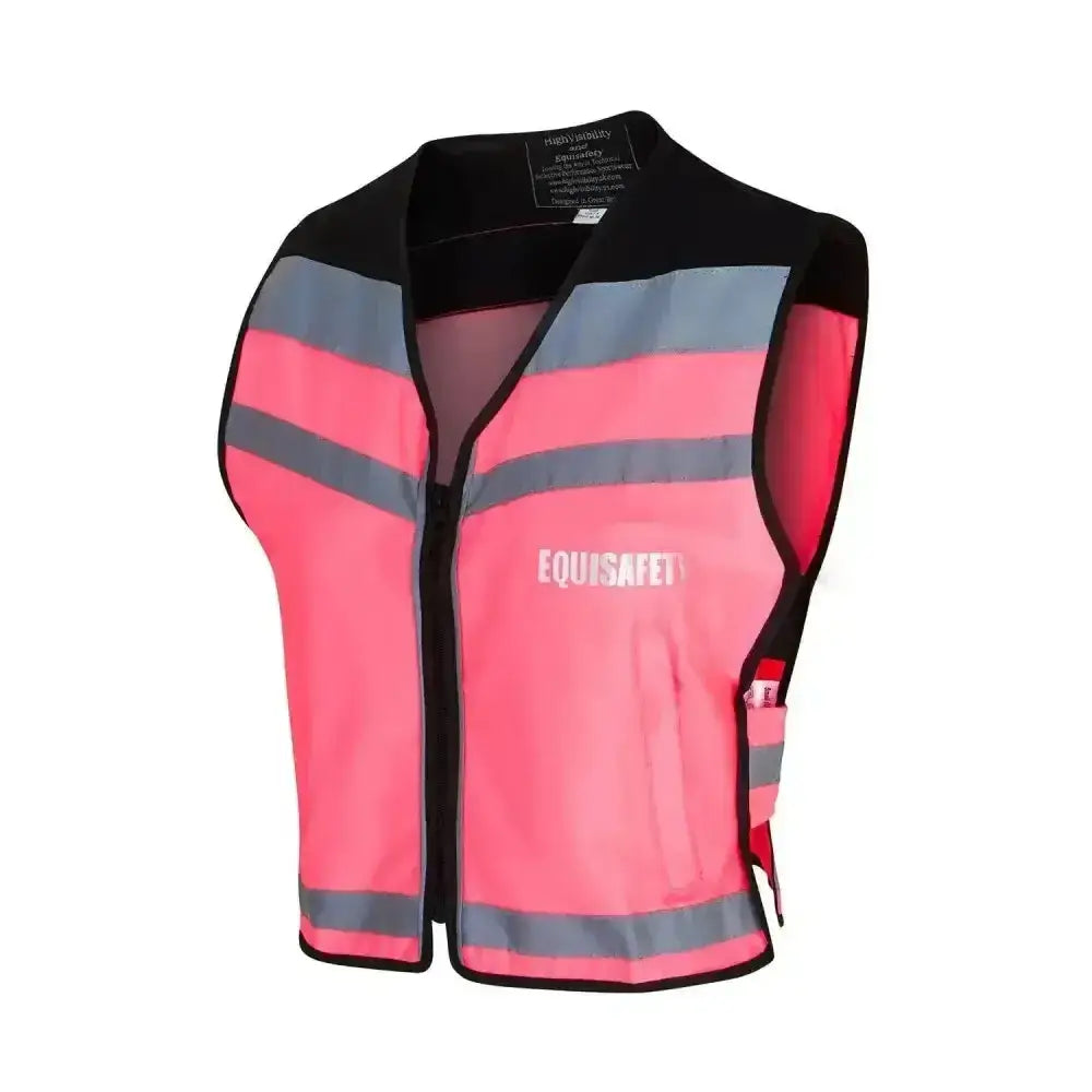 Pink reflective equisafety safety vest with black trim and gray stripes perfect as a comfortable waistcoat for air jackets