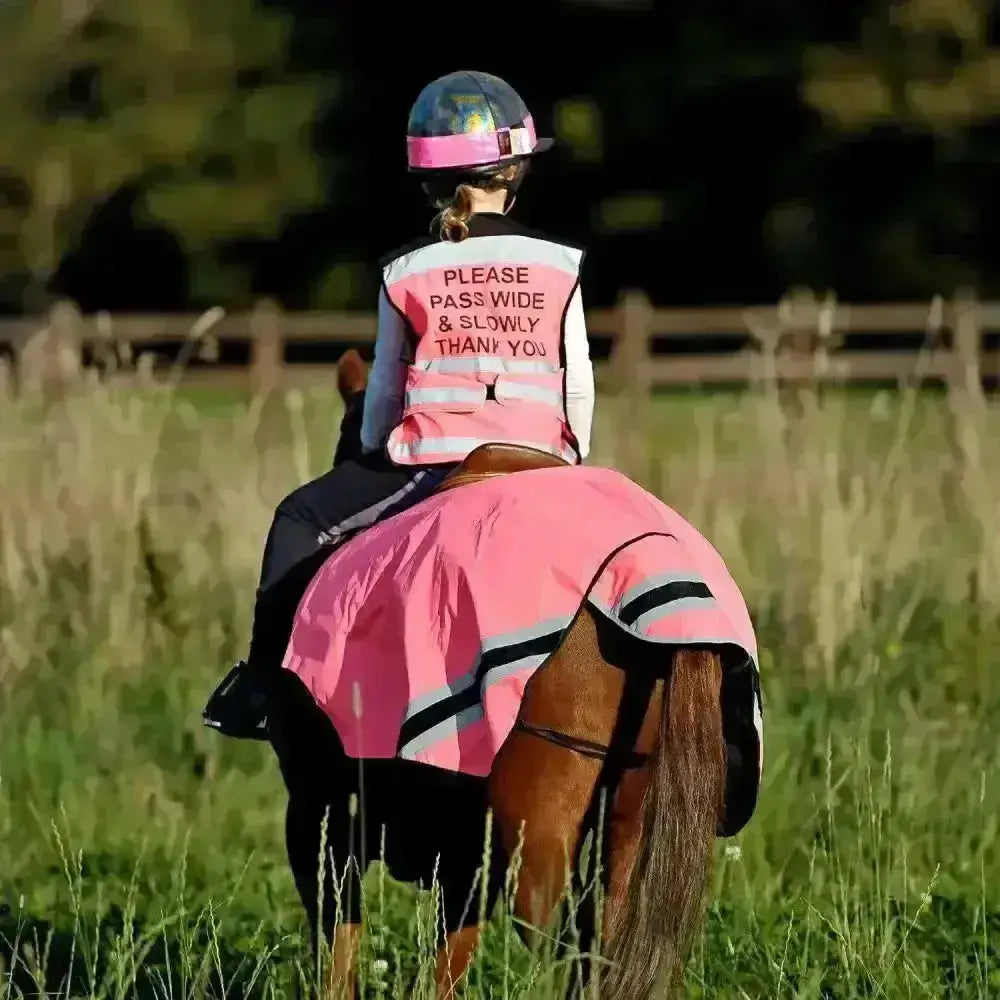 Pink horse blanket with black and white reflective stripes designed as a comfortable waistcoat for waistcoats pass wide air jackets