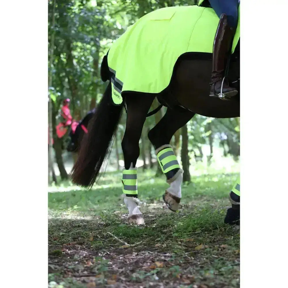 Bright neon green equisafety hi viz wraparound winter exercise rug with black trim and matching leg wraps in performance fabric