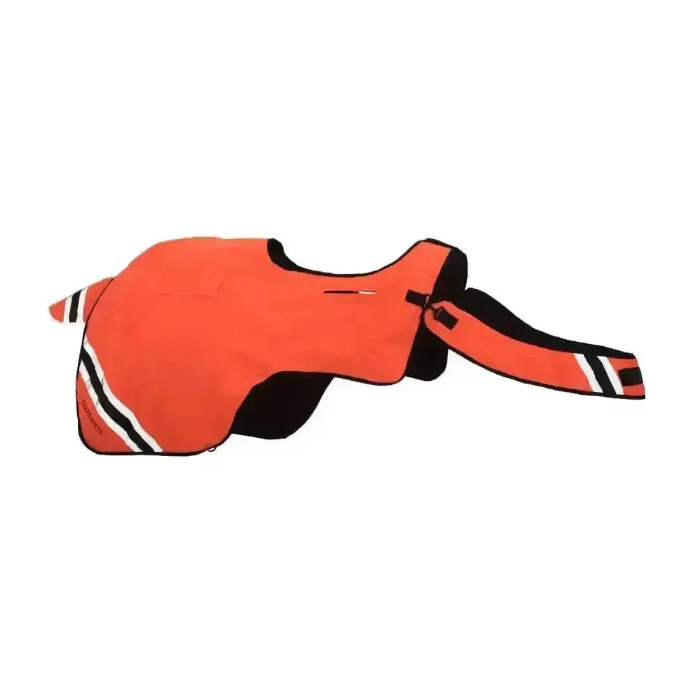 Bright orange equisafety hi viz wraparound winter exercise rug with black trim white stripes and durable performance fabric