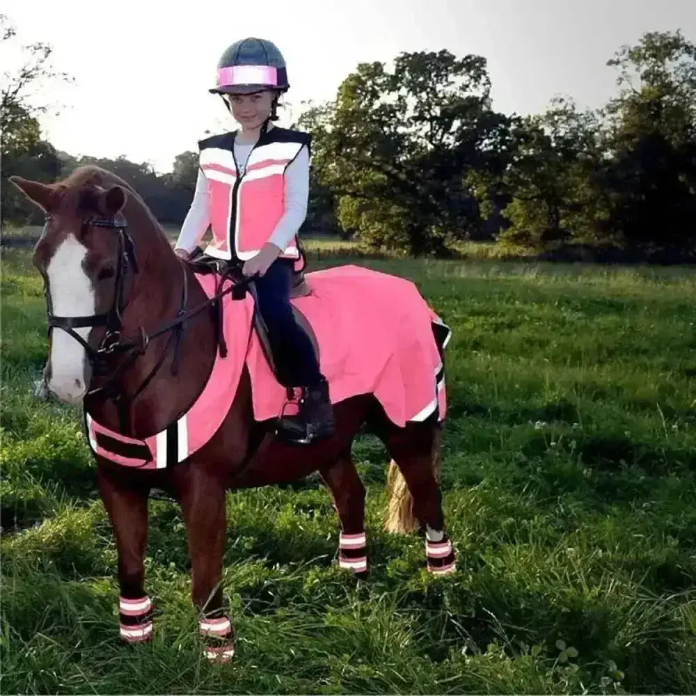 Pink reflective winter exercise rug with white stripes and matching leg wraps made from performance fabric