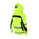 Bright neon yellow equisafety lightweight waterproof riding jacket with black and gray reflective stripes for hi viz safety