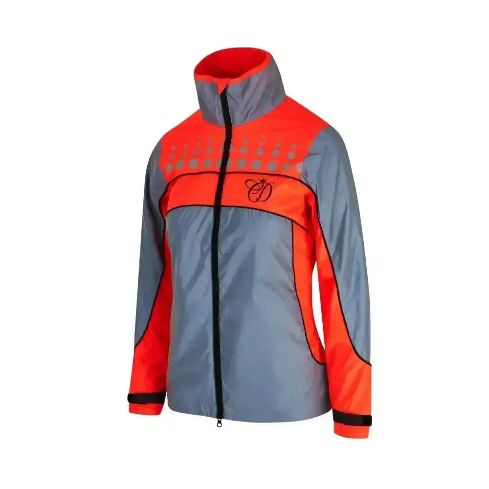 A high-visibility women’s equisafety mercury lightweight riding jacket in gray and bright orange with reflective dots on chest