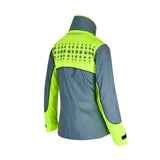 Back view of equisafety mercury lightweight reflective riding coat in neon green gray with dotted reflective panel