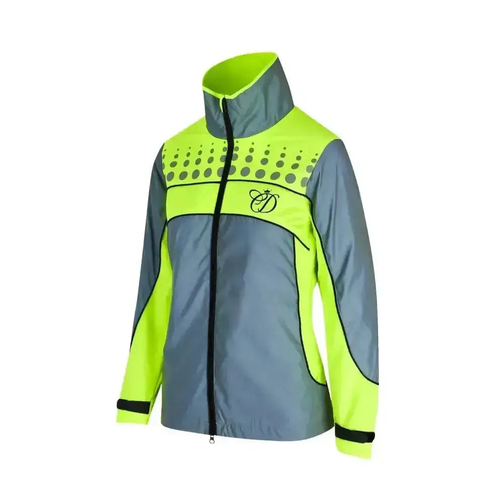 A lime green gray equisafety mercury lightweight reflective riding coat with reflective dots and black zipper accents