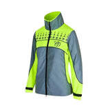 A lime green gray equisafety mercury lightweight reflective riding coat with reflective dots and black zipper accents