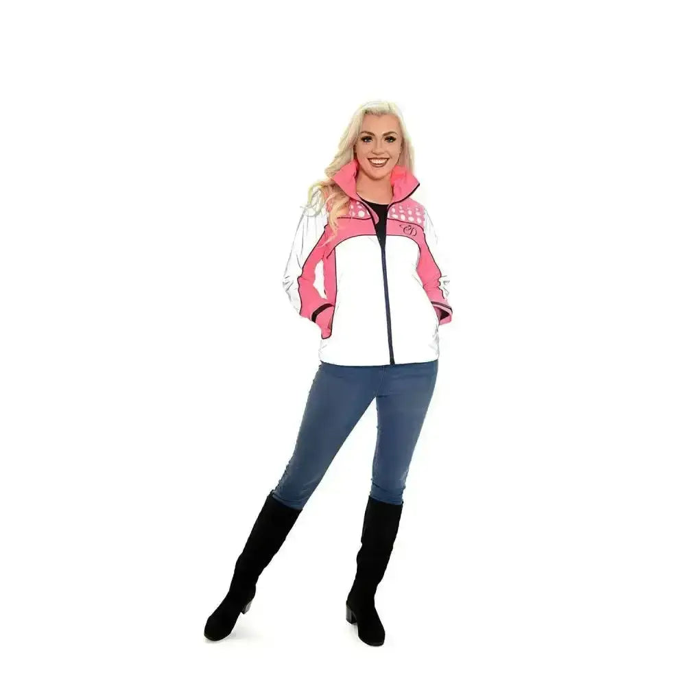 Equisafety mercury lightweight pink and white zip-up reflective riding coat with patterned collar and sleeve accents