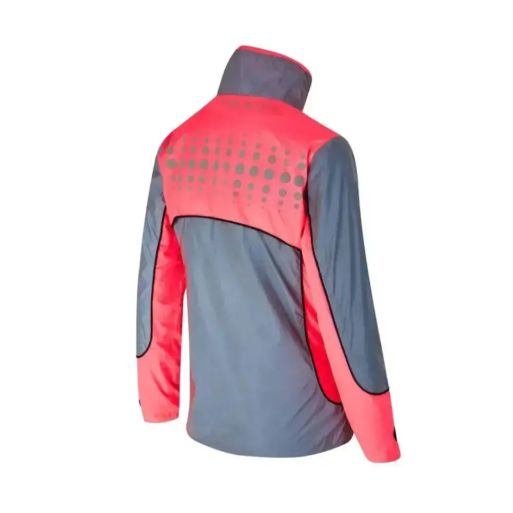Back view of equisafety mercury lightweight reflective pink and gray riding jacket with high collar and reflective dots