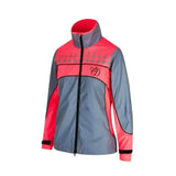 A womens equisafety mercury lightweight hi viz reflective riding coat in pink and gray with black zipper and red lining