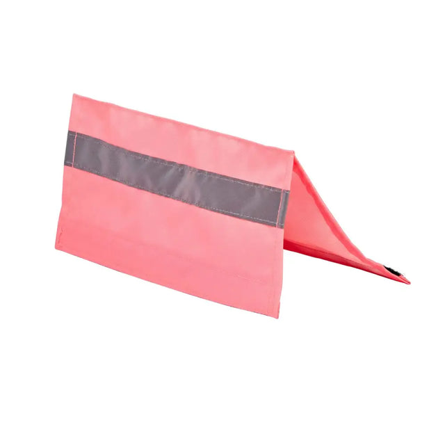 Pink reflective safety flag with horizontal gray strip on equisafety nose brow rein band for high visibility