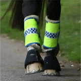 Bright neon yellow equisafety polite vis boot wraps with blue white check stripes and soft fleece trim for brushing boots