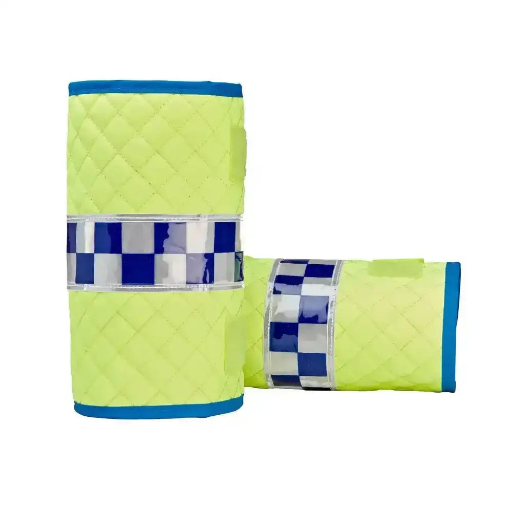 Bright yellow quilted equisafety polite vis boot wraps with blue trim and reflective blue and white checkered stripe