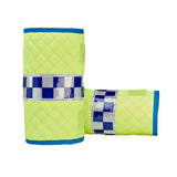 Bright yellow quilted equisafety polite vis boot wraps with blue trim and reflective blue and white checkered stripe