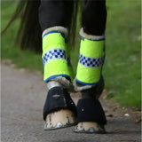 Bright neon yellow equisafety polite vis boot wraps with blue white checkered stripes and soft fleece trim for brushing boots