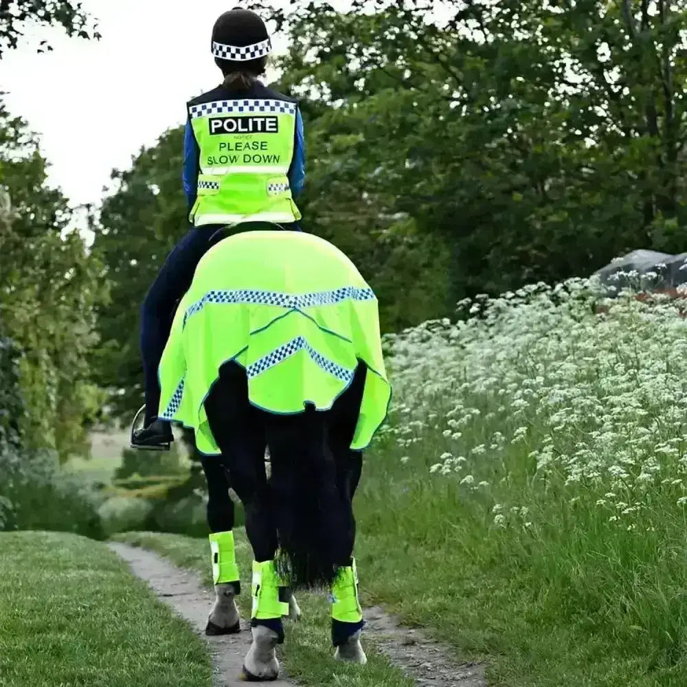 Bright neon green equisafety polite hi vis summer exercise vest with reflective stripes and polite please slow down text