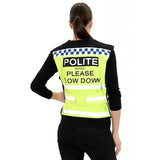 Bright yellow equisafety polite hi vis waistcoats with reflective stripes breathable lightweight please slow down message