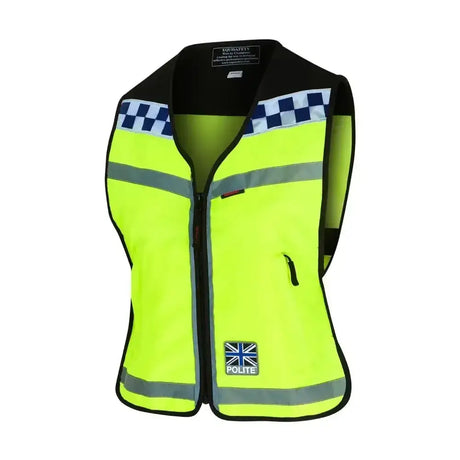Bright yellow equisafety polite hi vis waistcoat with reflective stripes breathable lightweight for slow down safety