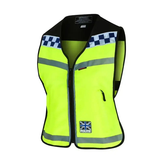 Bright yellow equisafety polite hi vis waistcoat with reflective stripes breathable lightweight for slow down safety