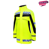Childs bright yellow equisafety polite inverno equestrian jacket with black panels and reflective blue-white stripes