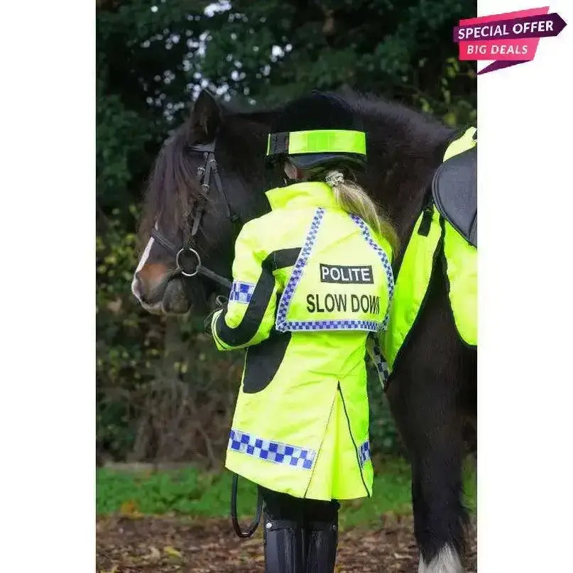 Back of high-visibility yellow equisafety polite winter inverno equestrian jacket for kids with police style design