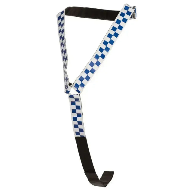 Blue and white checkered equisafety polite neckband with black straps designed for high head carriage use