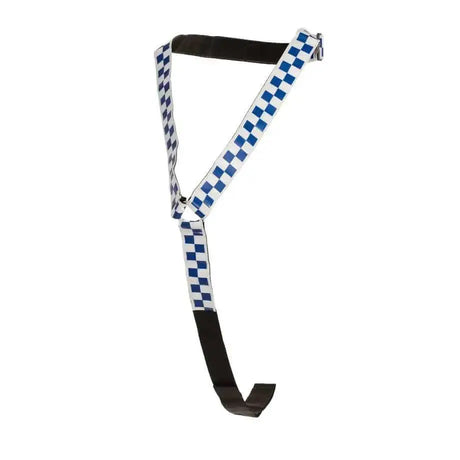 Blue and white checkered equisafety polite reflective neck band with black straps for high visibility and comfort