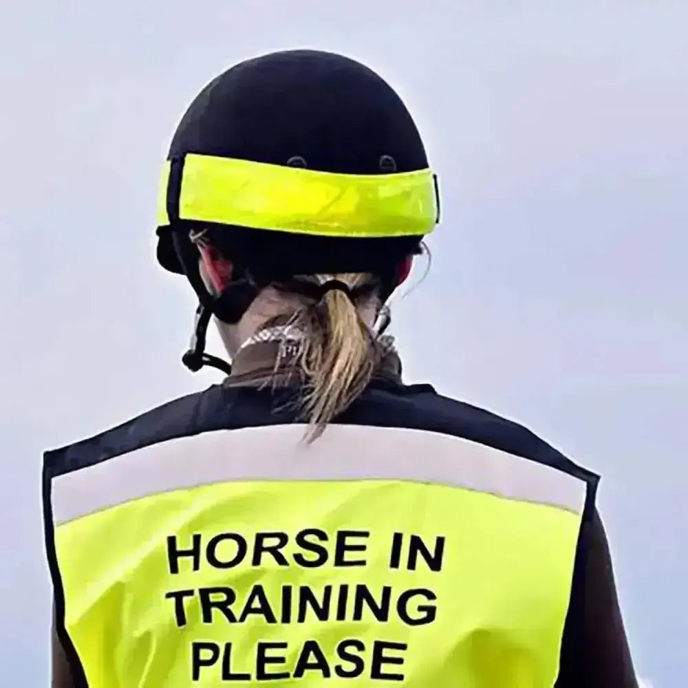 Black equestrian helmet with bright yellow equisafety reflective hi vis riding hat band for safety riding gear