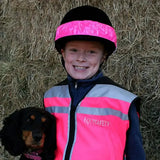 Bright pink and grey equisafety reflective vis riding hat bands with embroidered logo for high visibility safety