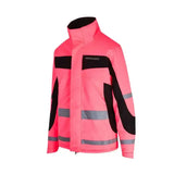 Bright pink equisafety winter inverno riding jacket with black panels and reflective stripes for safety and style