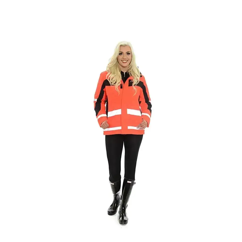 Bright orange equisafety winter inverno riding jacket red with black panels and white reflective stripes for visibility
