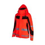Bright orange equisafety winter inverno riding jacket red with black panels reflective stripes hood and logo on chest