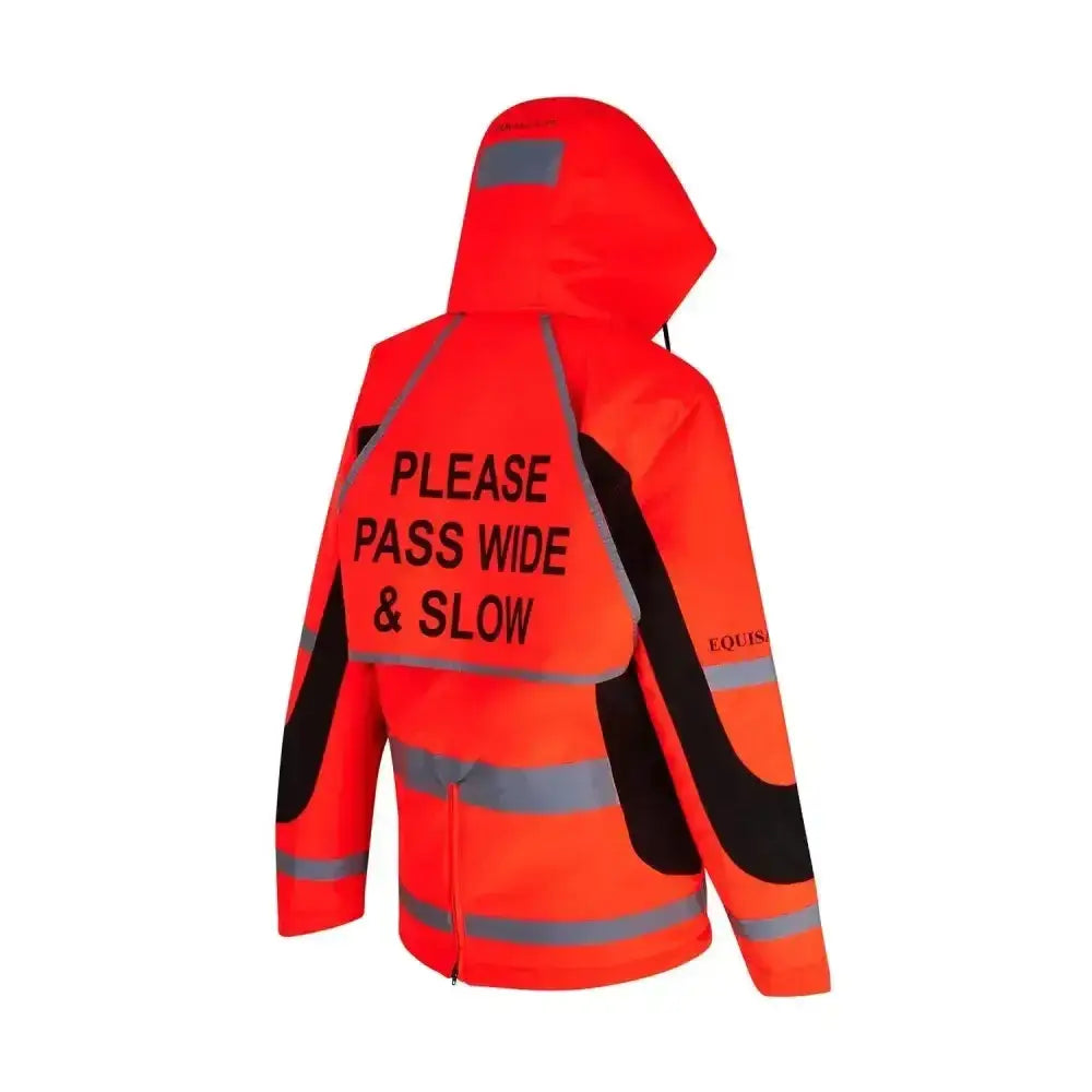 Back of equisafety winter inverno riding jacket red with bright orange high visibility and please pass wide and slow print