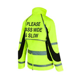 Back of equisafety winter inverno riding jacket yellow with neon high visibility black panels and reflective stripes