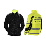 Back view of equisafety winter inverno riding jacket yellow with black quilted front and reflective stripes please pass wid and slow