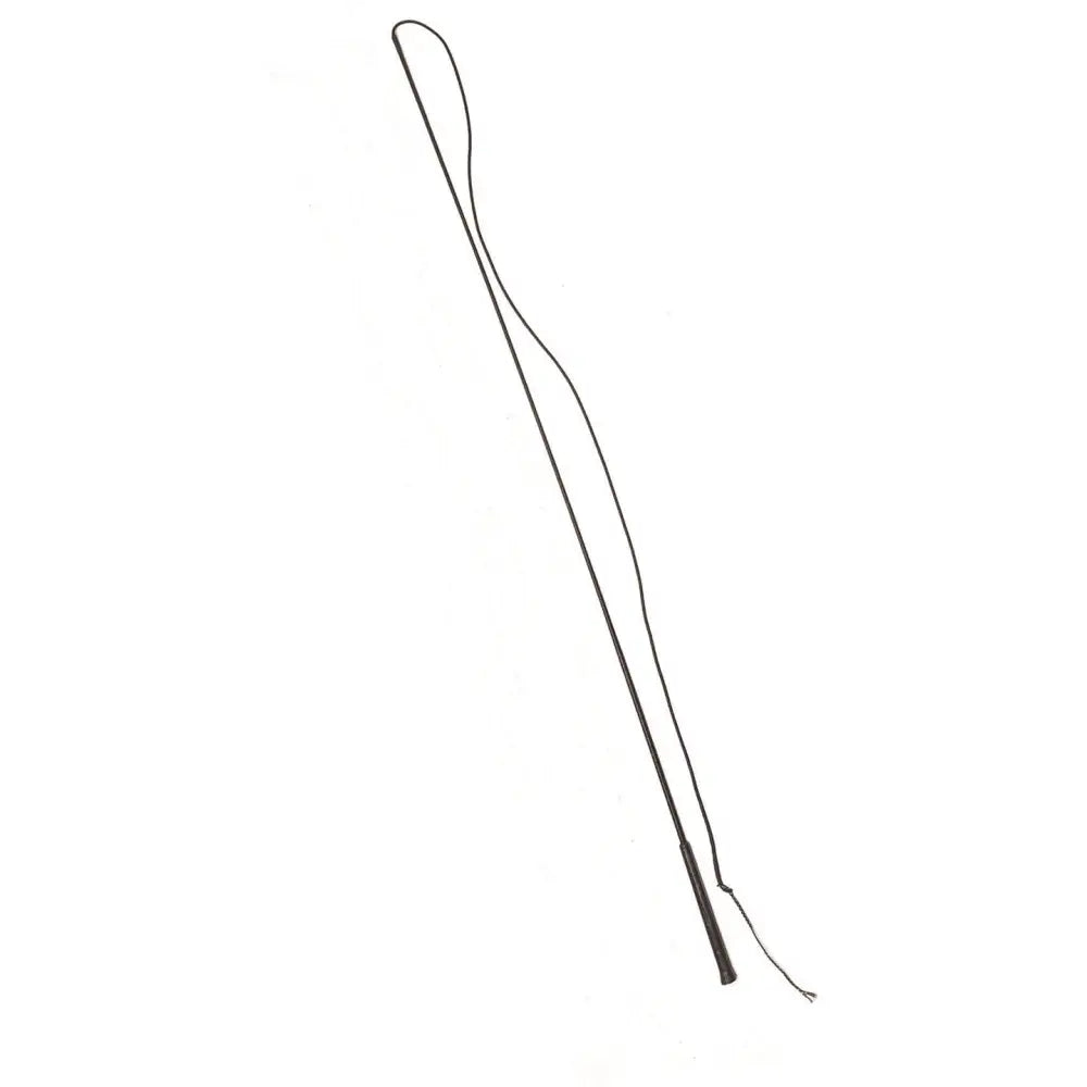 Black leather equisential economy lunge whip with a long slender handle and thin flexible lash for training use