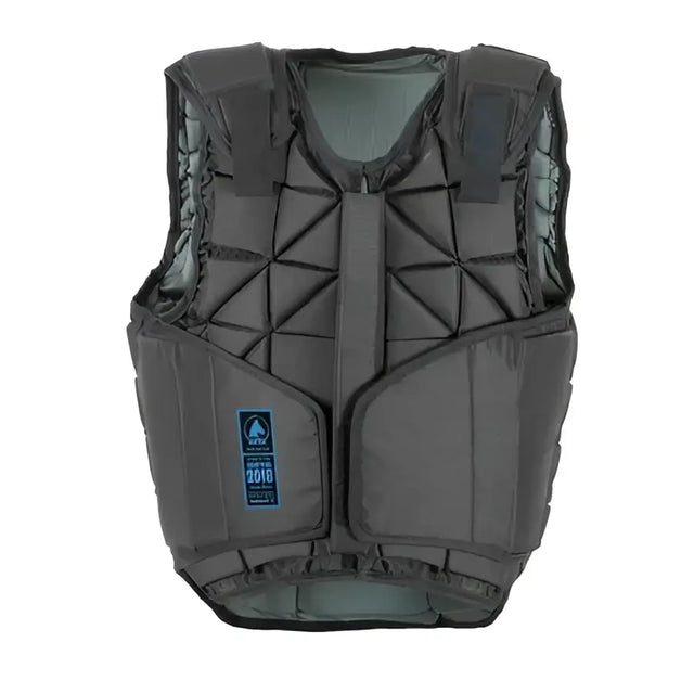 Black padded equisential flexi body protector vest with quilted design and reinforced shoulder straps for safety