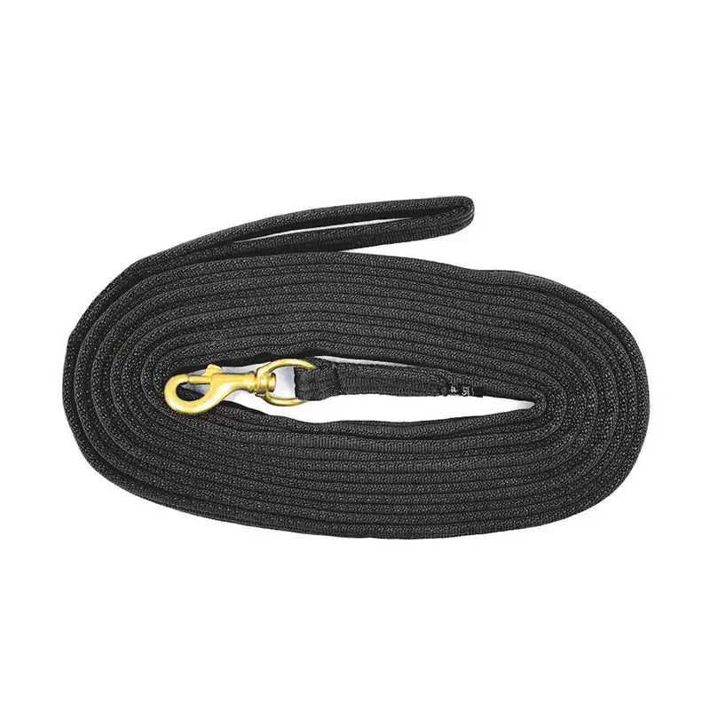 Black braided equisential padded lunge rein 24ft with gold toned metal clip and soft padded rein handle