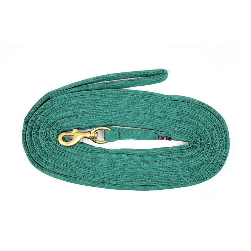 Emerald green woven cotton equisential padded lunge rein 24ft with gold-toned metal clip and padded rein features