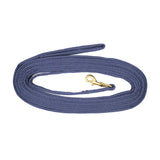 Blue woven equisential padded lunge rein 24ft with gold toned metal clip and comfortable padded rein design