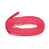 Bright pink woven cotton equisential padded lunge rein 24ft with gold-toned metal clip and padded rein design